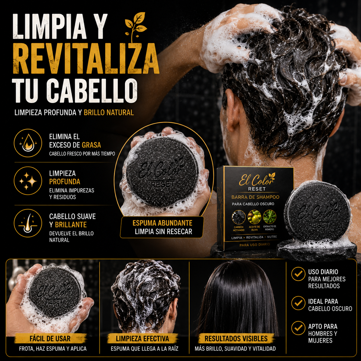 El Color Reset – Barra de Shampoo para Cabello Oscuro