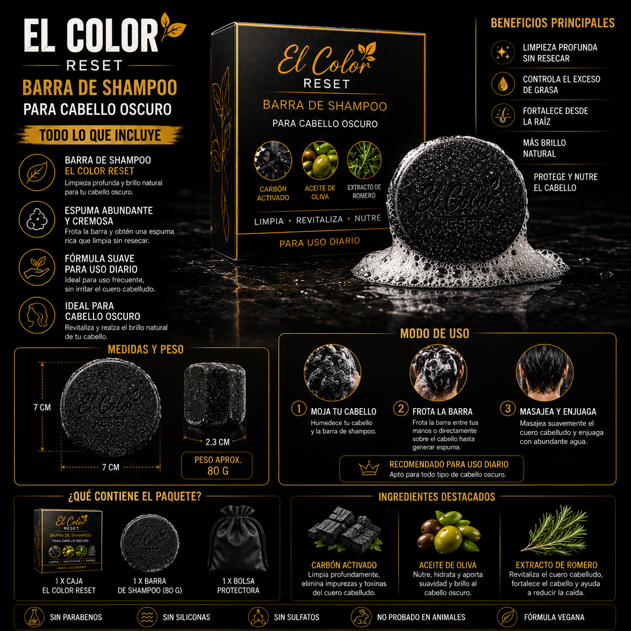 El Color Reset – Barra de Shampoo para Cabello Oscuro